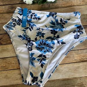 NWT Cupshe Blue & White Floral Shirred High Waist Bikini Bottom Size Medium